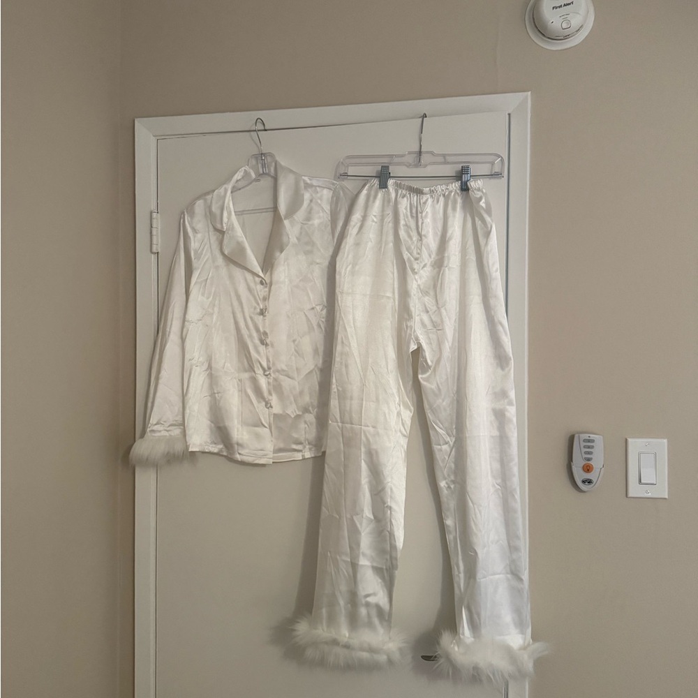White Satin Bridal Pajama Set with Faux Feather Trim - Wedding Getting Ready